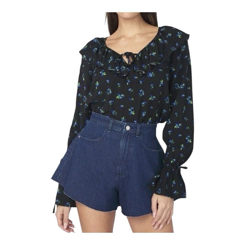 WeWoreWhat Revolve Ruffled Watercolor Ditsy Blouse XL Black & Blue Floral Print